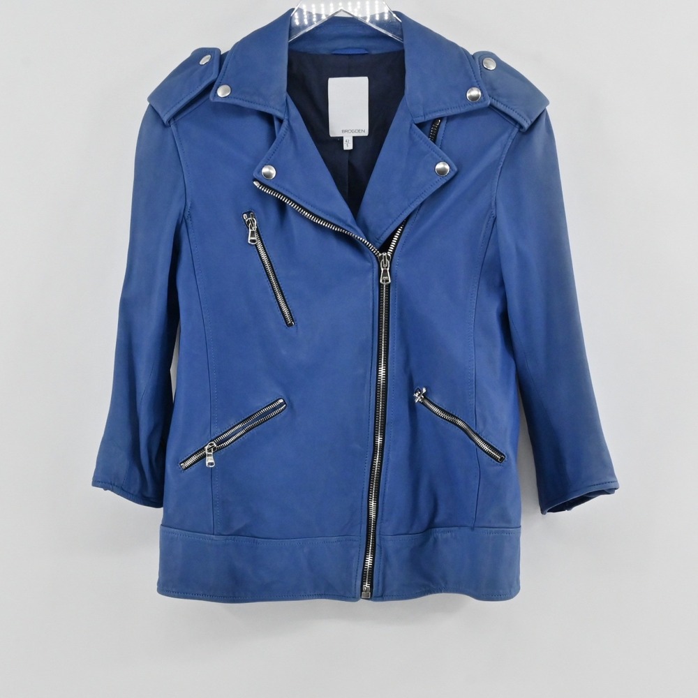 Brogden Moto Biker Jacket Womens Size S Blue Leather Asymmetric Zip‎ Epaulets